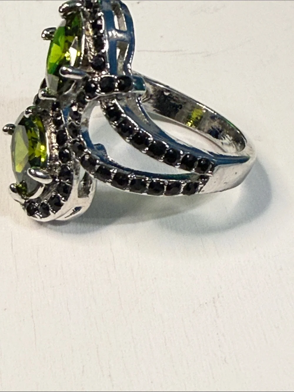 Size 6 Vintage Inspired Elegant Olive Green Double Stone Silver plated  Ring
